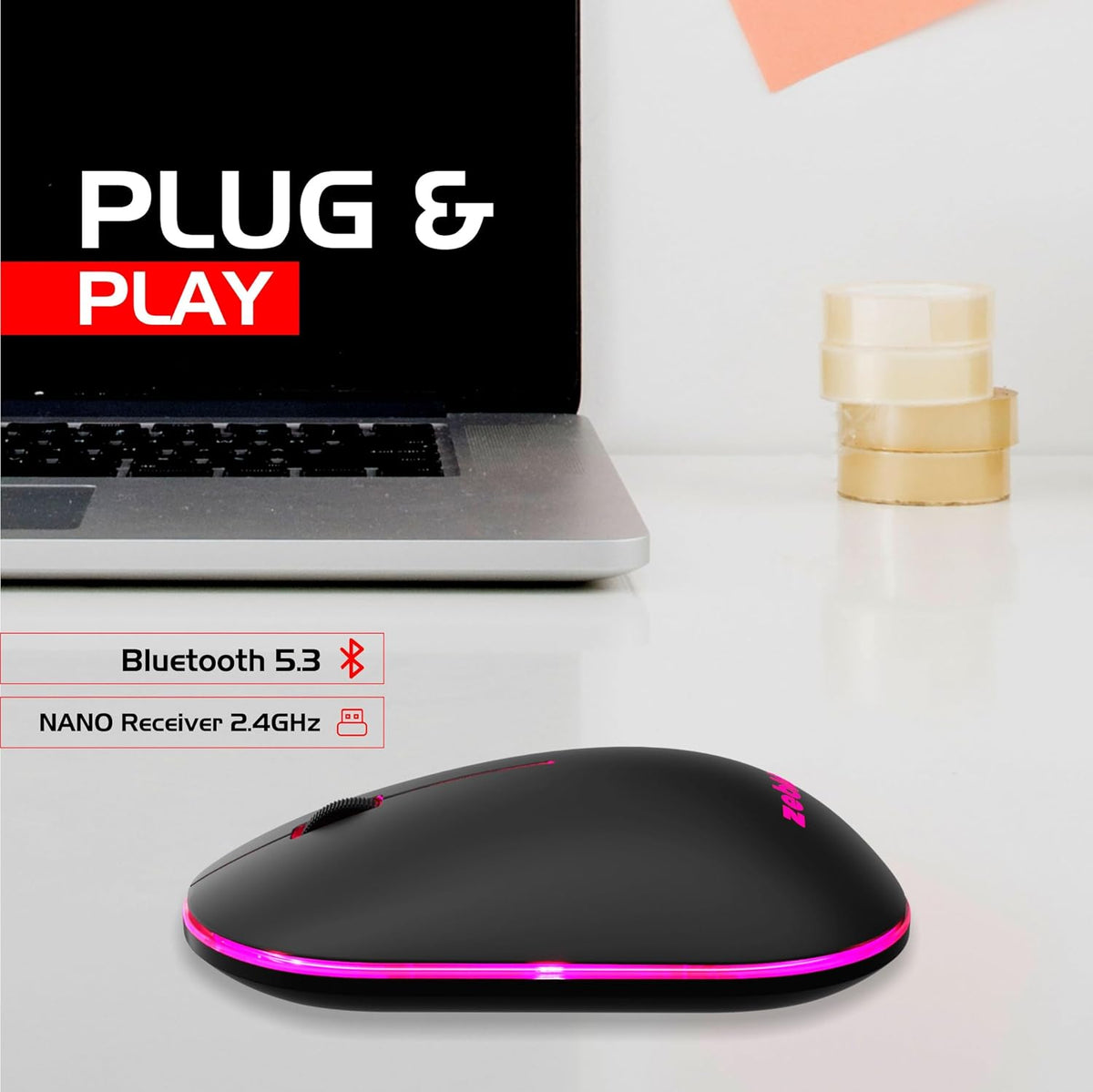 Zebion Connect–2 2.4GHz Wireless + Bluetooth Mouse (Dual connectivity), Connect up to 2 Devices, Rechargeable Battery, RGB Lights, Range 10m, Ergonomic Design for Laptop, Smartphone, Tablet