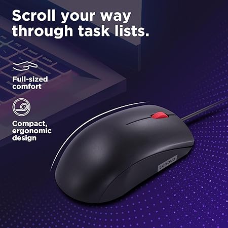 Lenovo 120 USB Wired Optical Mouse with 1200 DPI, Plug & Play, Ambidextrous Design for Windows PC, Laptop & Desktop – Black | PhoenixComputers.in