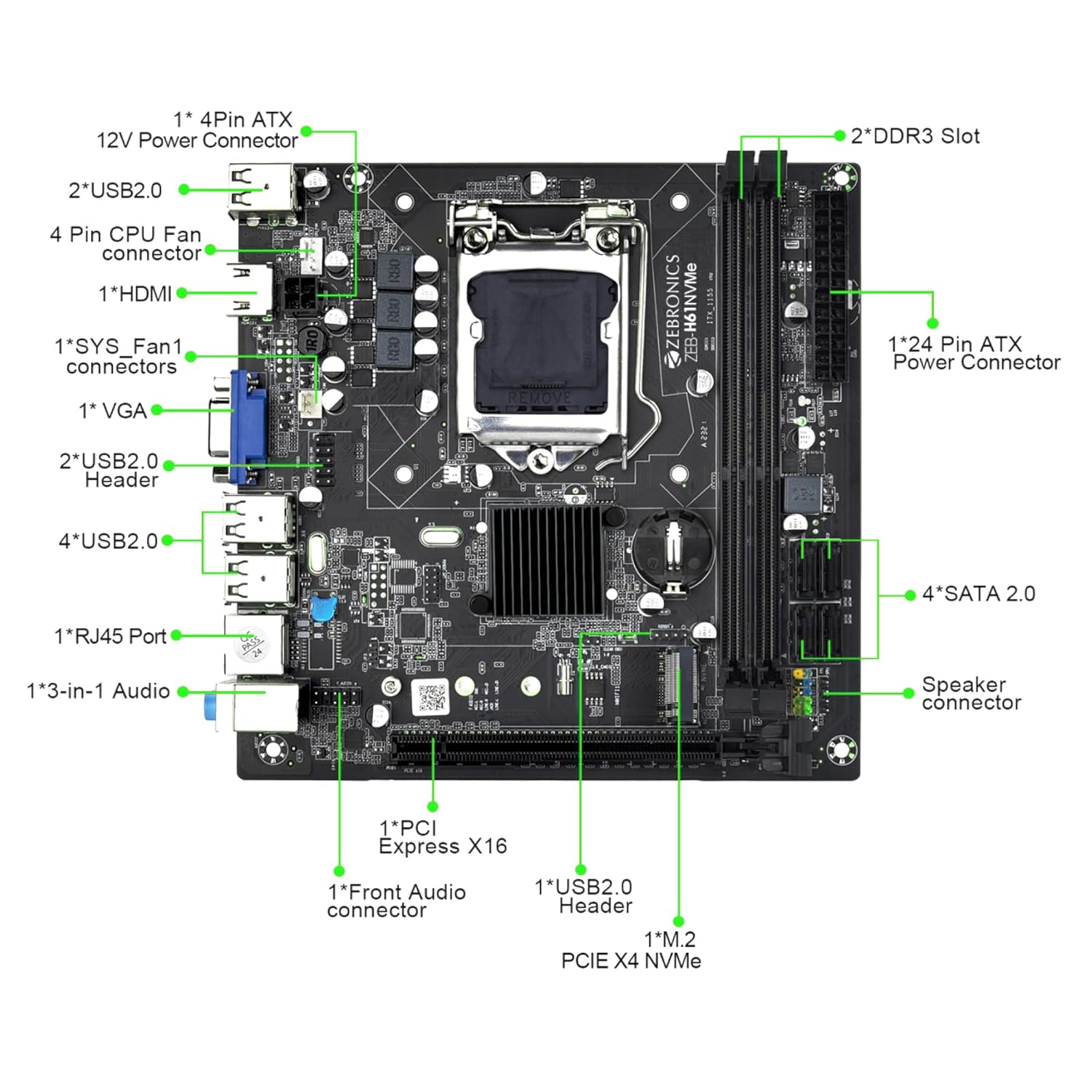 ZEBRONICS H61-NVMe Micro-ATX Motherboard | LGA 1155 | Supports Intel 2nd & 3rd Gen Processors | M.2 NVMe | DDR3 | PhoenixComputers.in