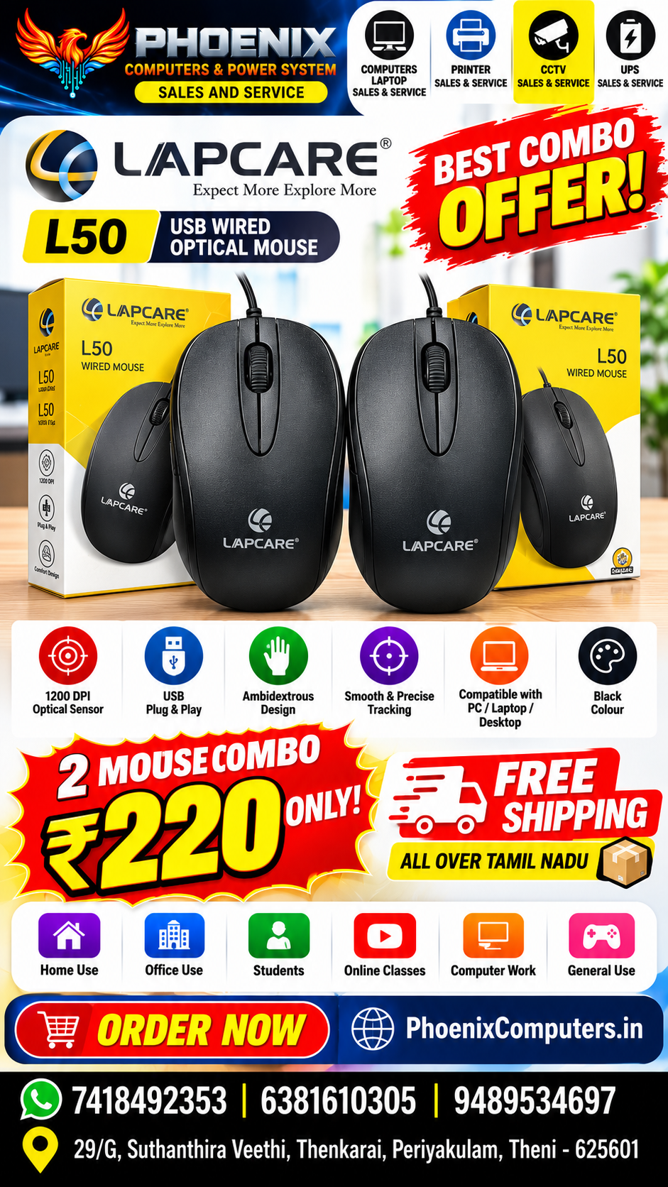 LAPCARE L50 USB WIRED MOUSE – 2 MOUSE COMBO JUST ₹220